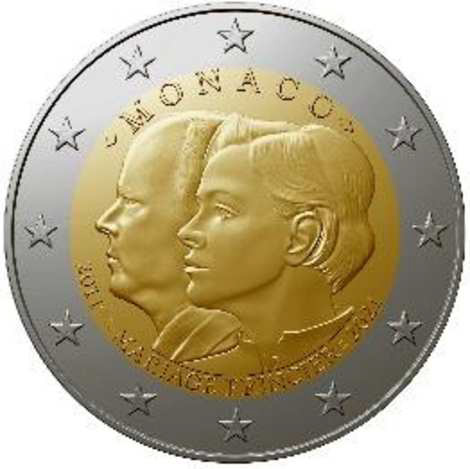 2 Euromunt van Monaco uit 2021 met het motief 10-jarig huwelijk van prins Albert II en prinses Charlene